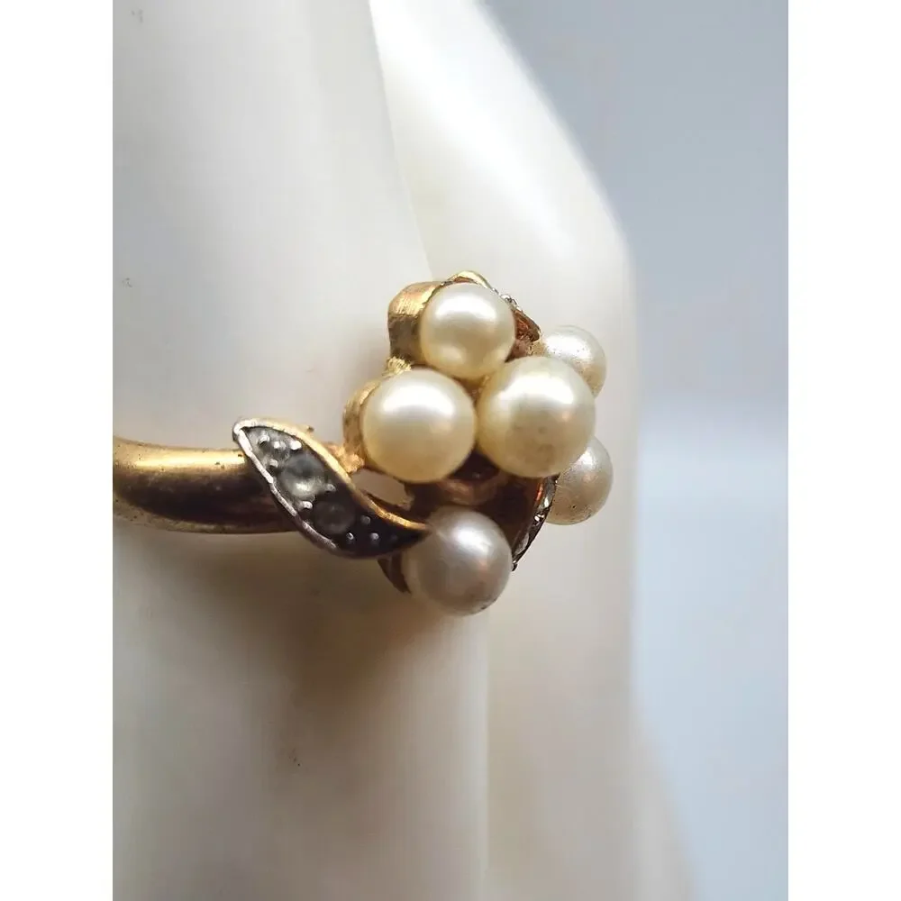 Vintage Avon Faux Pearl Rhinestone Cluster Cocktail Ring Gold Tone Sz 6